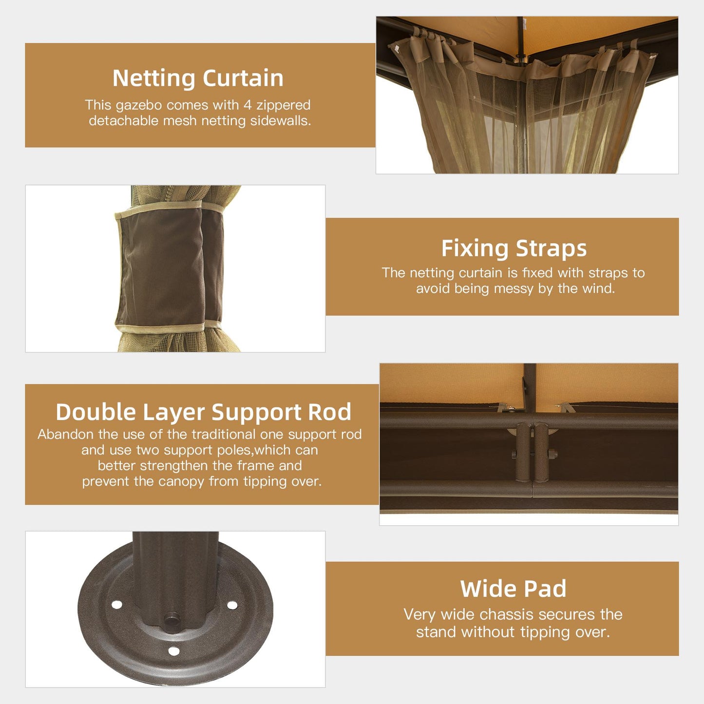 10x13ft Gazebo with Mosquito Netting,Waterproof Double-Roof Canopy