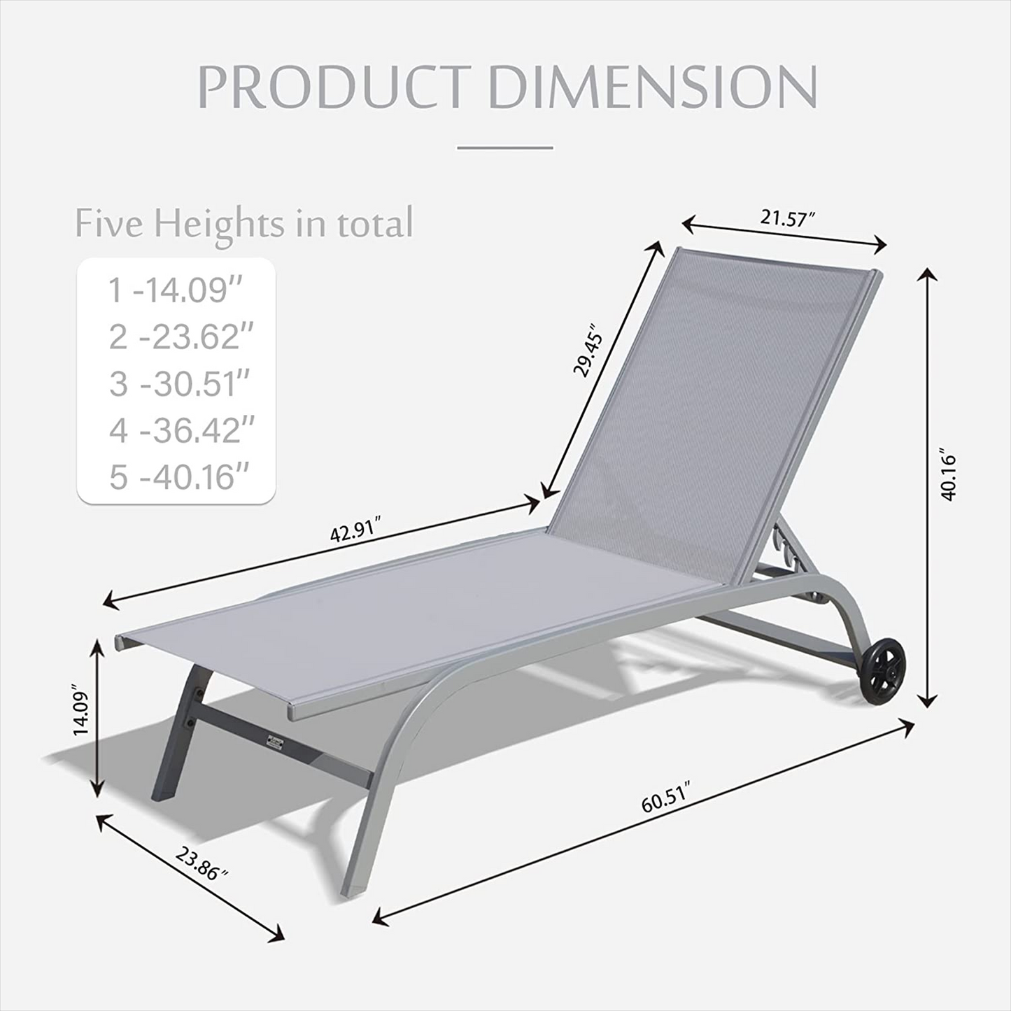 2 Gray Lounge Chairs for Outside with Wheels, Outdoor Lounge Chairs with 5 Adjustable Position,