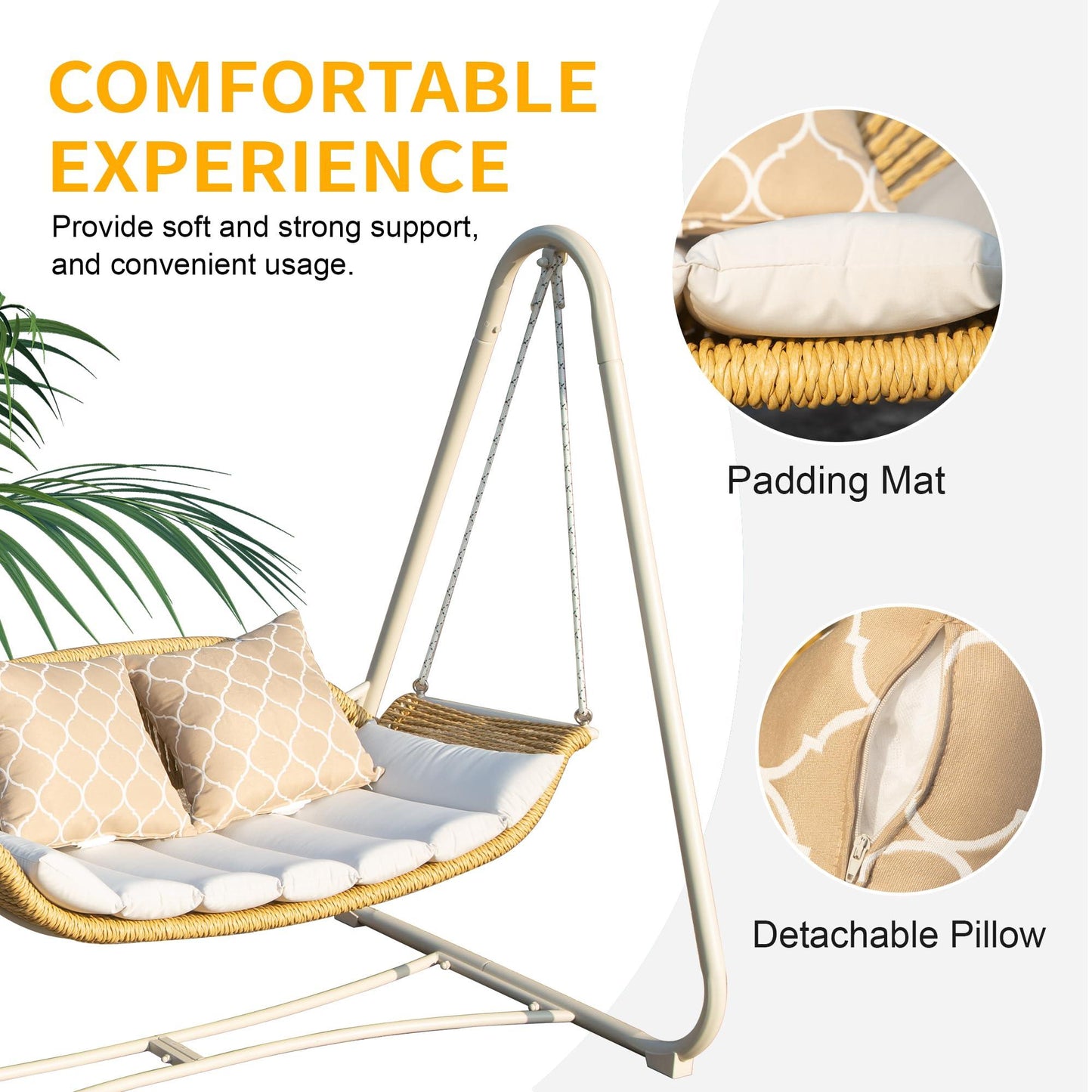 2-Seat Hanging Swing Chair with Thickened Cushions and Pillow