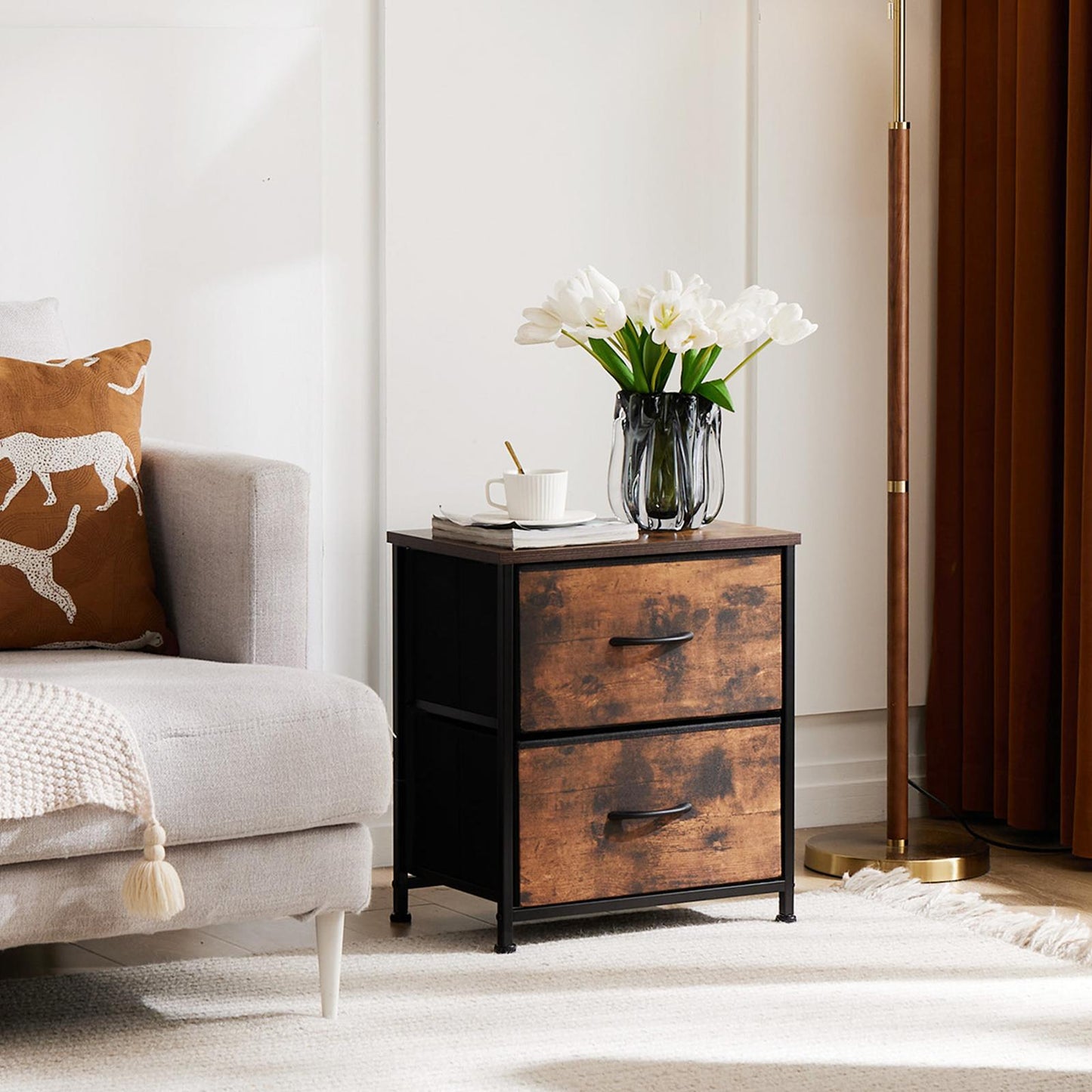 Fabric Dresser with 2 Drawers, Nightstands with Adjustable Feet