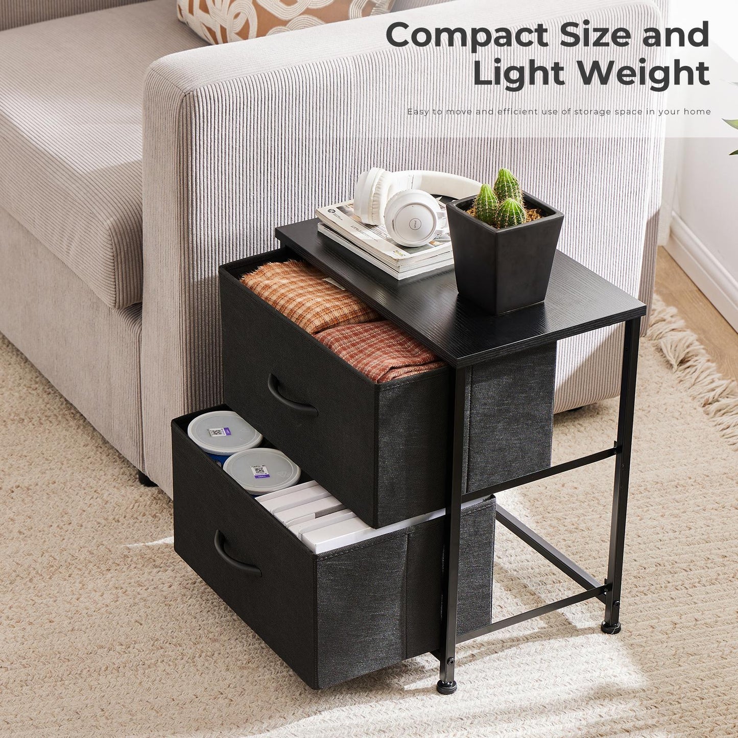Fabric Dresser with 2 Drawers, Nightstands with Adjustable Feet