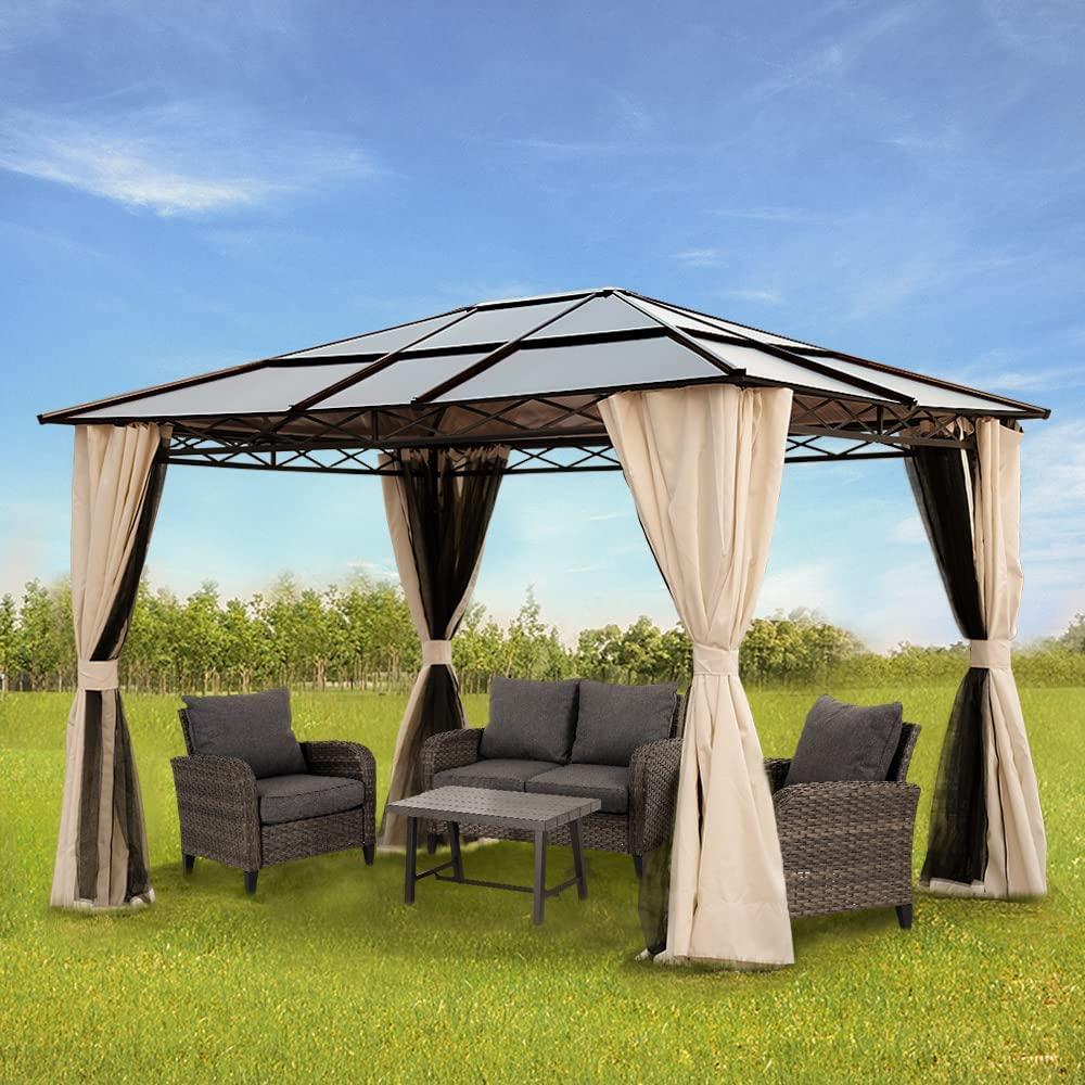 10x12 Hardtop Gazebo,UV 50+ Outdoor Canopy with Mosquito Netting and Curtains, Outdoor Shelter