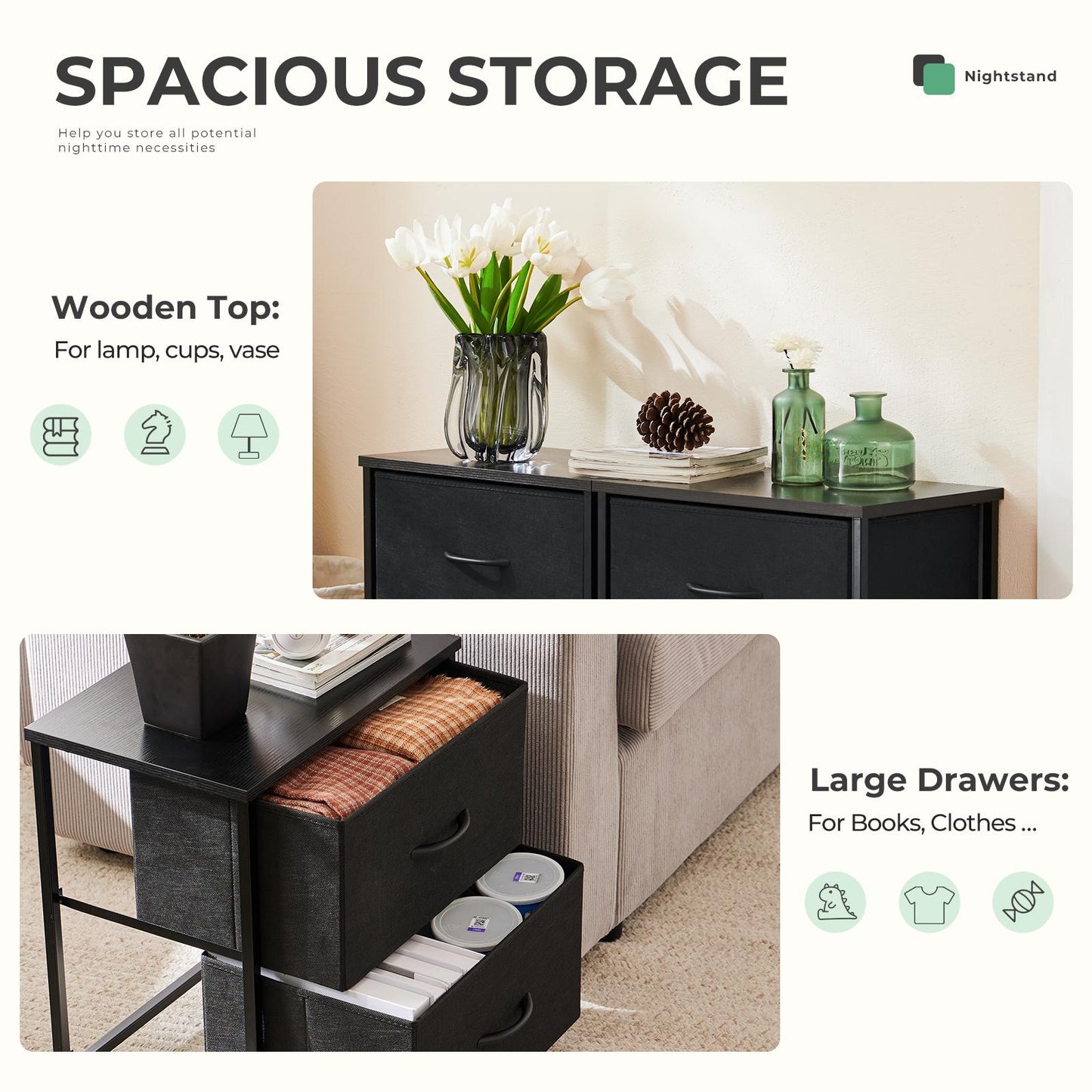 Fabric Dresser with 2 Drawers, Nightstands with Adjustable Feet