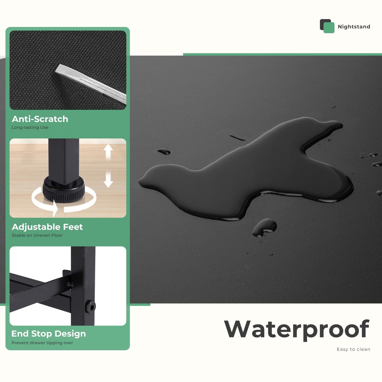 Fabric Dresser with 2 Drawers, Nightstands with Adjustable Feet