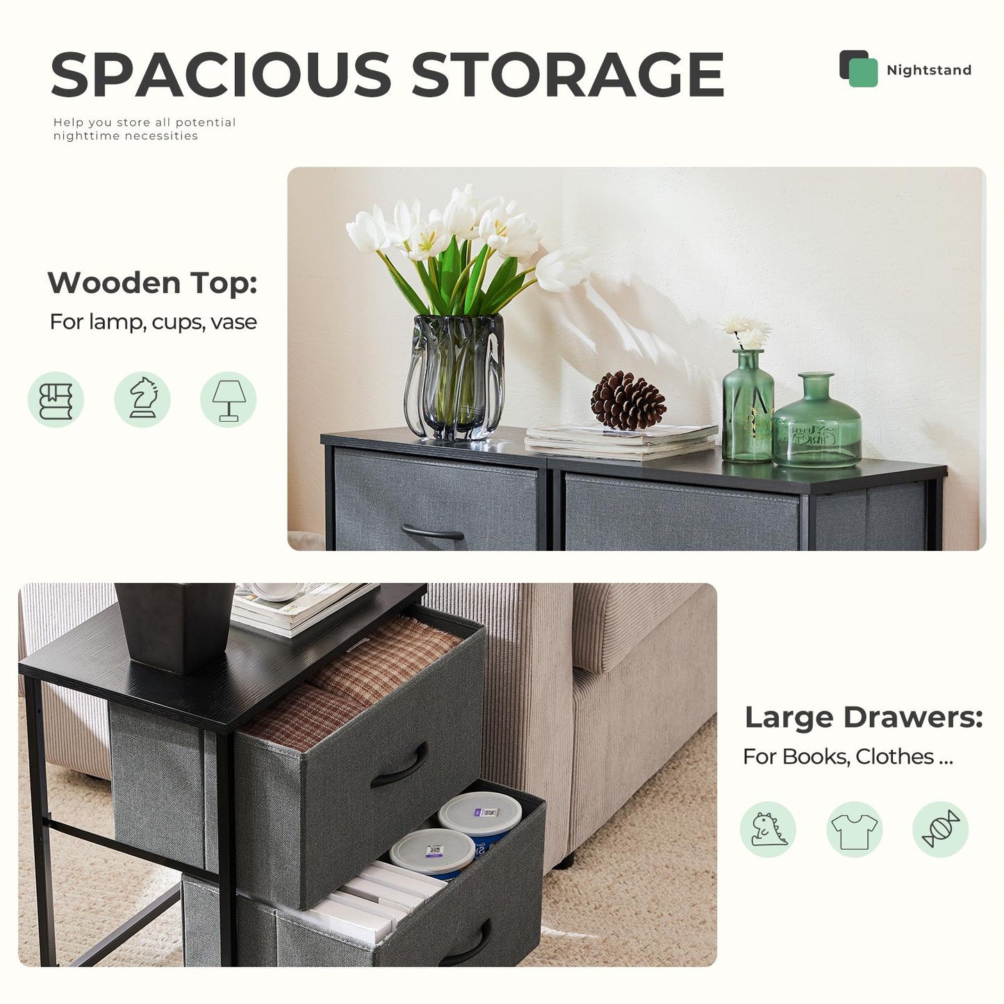 Fabric Dresser with 2 Drawers, Nightstands with Adjustable Feet