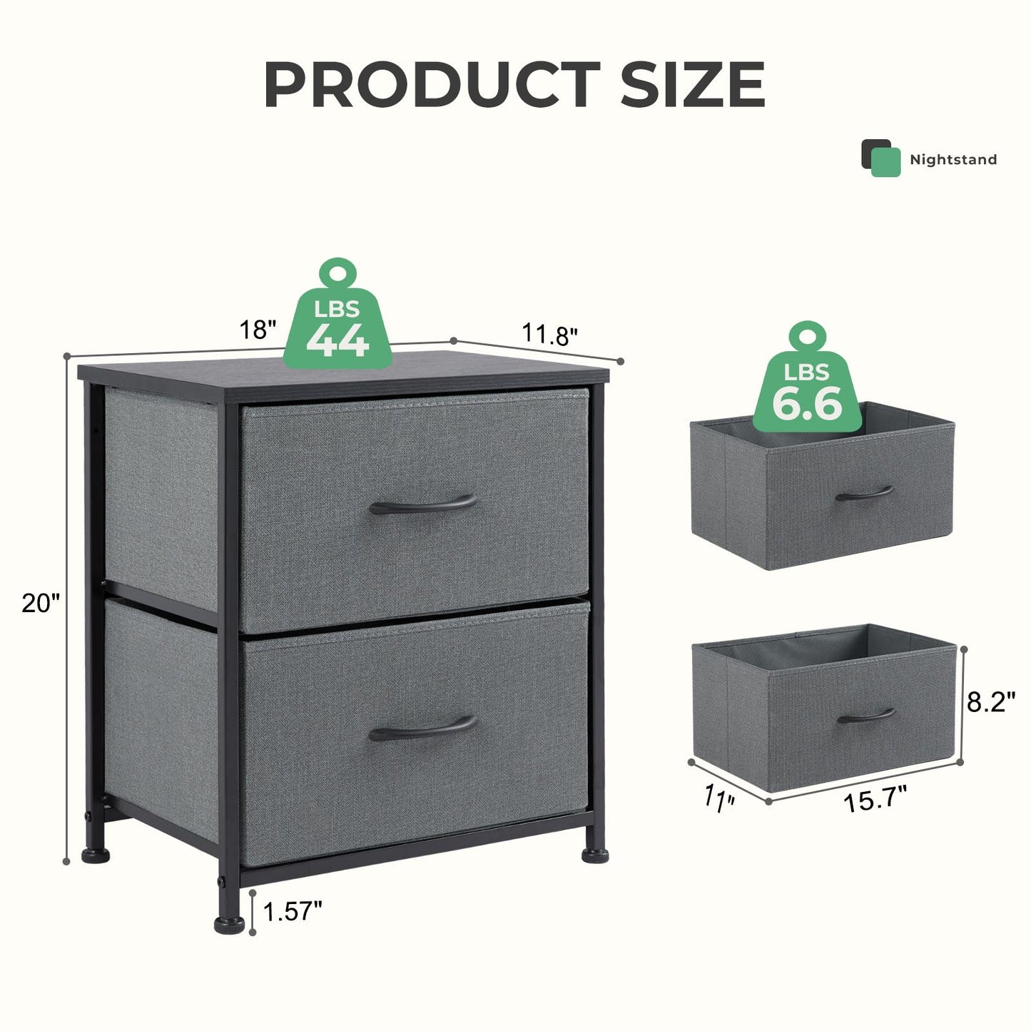 Fabric Dresser with 2 Drawers, Nightstands with Adjustable Feet