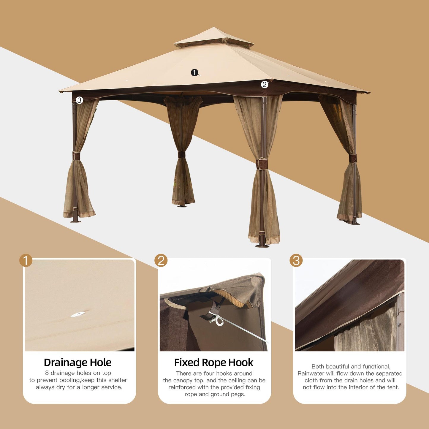 10x13ft Gazebo with Mosquito Netting,Waterproof Double-Roof Canopy