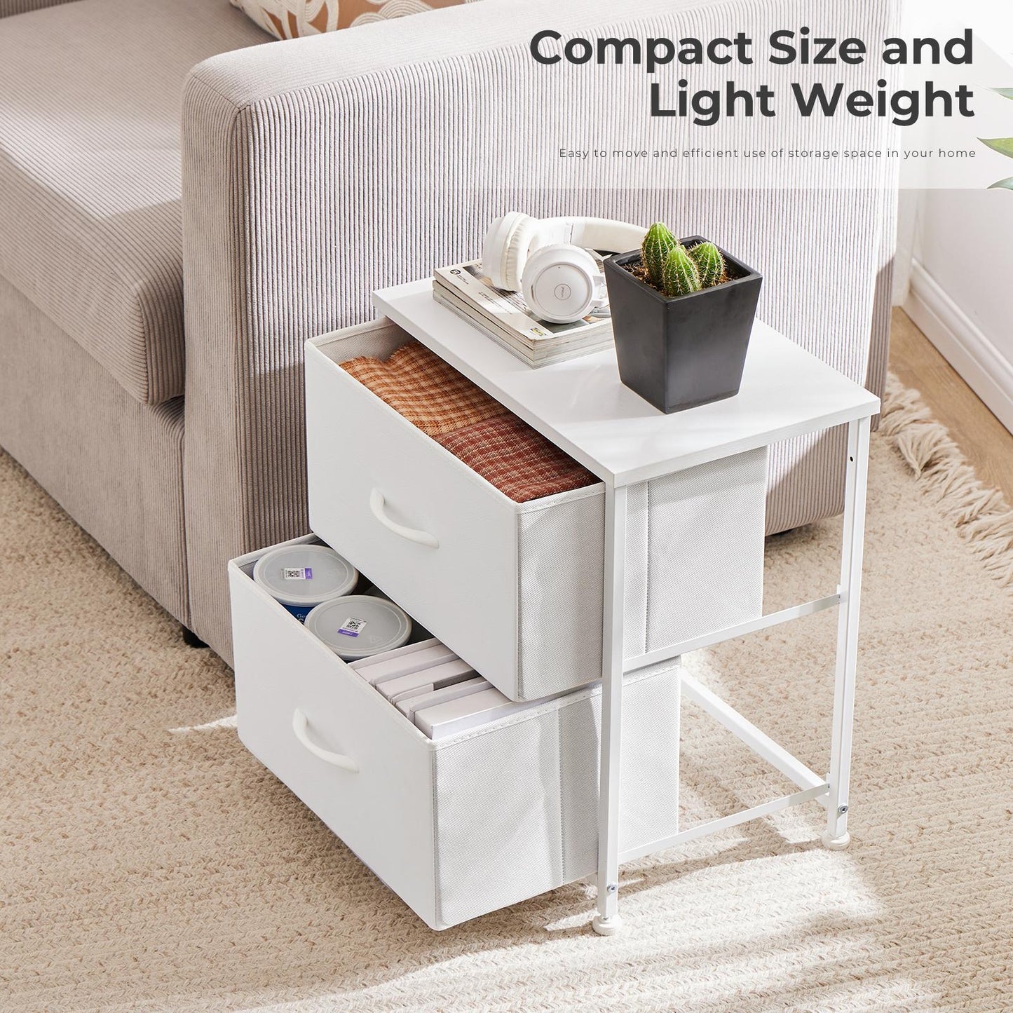 Fabric Dresser with 2 Drawers, Nightstands with Adjustable Feet