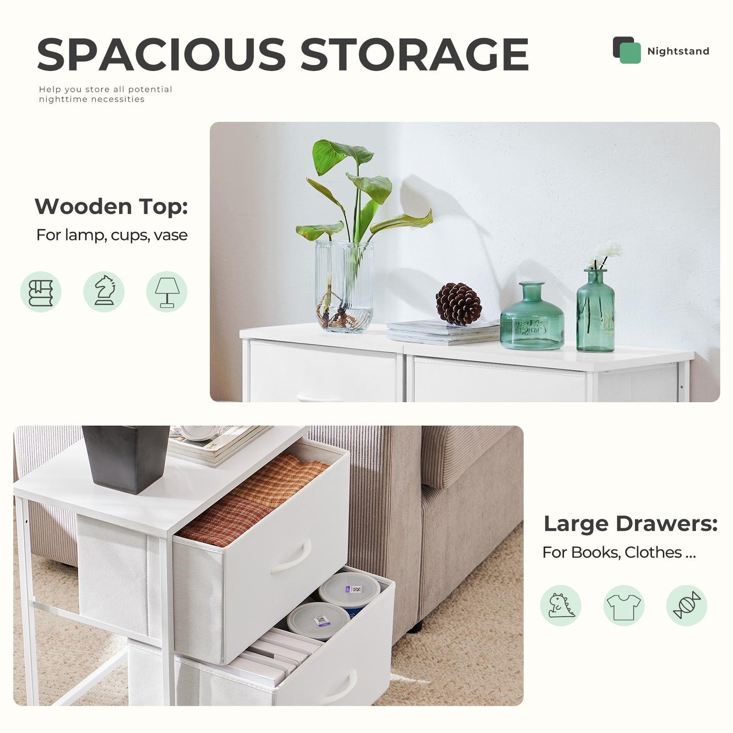 Fabric Dresser with 2 Drawers, Nightstands with Adjustable Feet