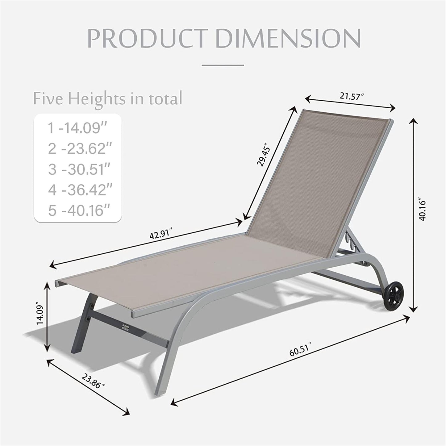 2 Lounge Chairs for Outside with Wheels, Outdoor Lounge Chairs with 5 Adjustable Position