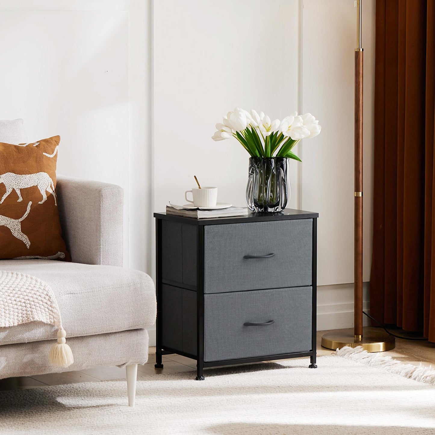 Fabric Dresser with 2 Drawers, Nightstands with Adjustable Feet