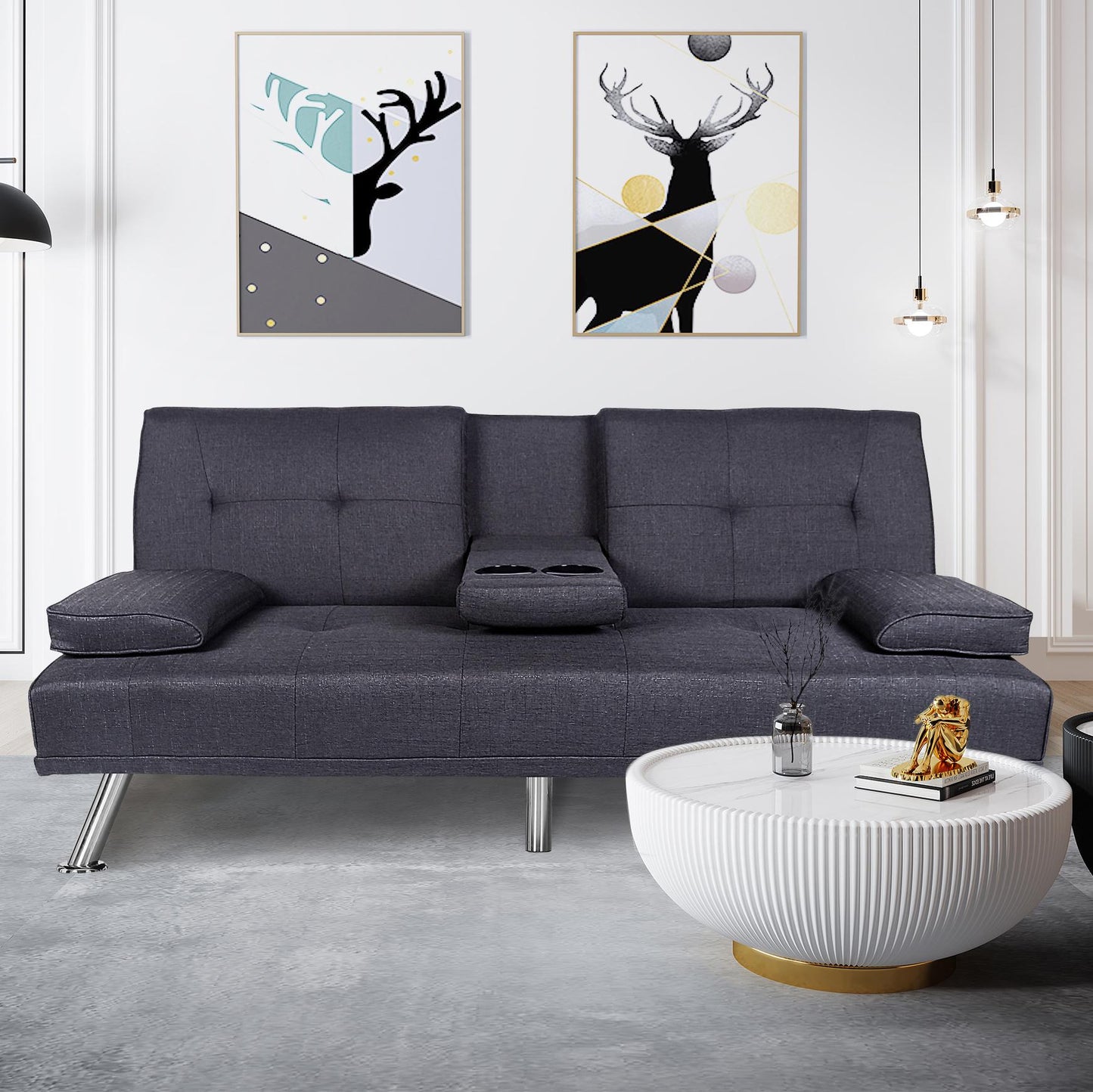 FUTON SOFA BED SLEEPER LIGHT GREY FABRIC