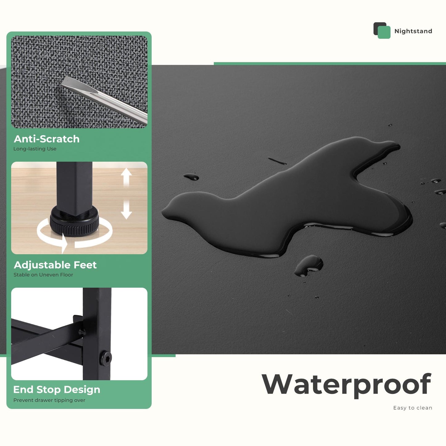 Fabric Dresser with 2 Drawers, Nightstands with Adjustable Feet