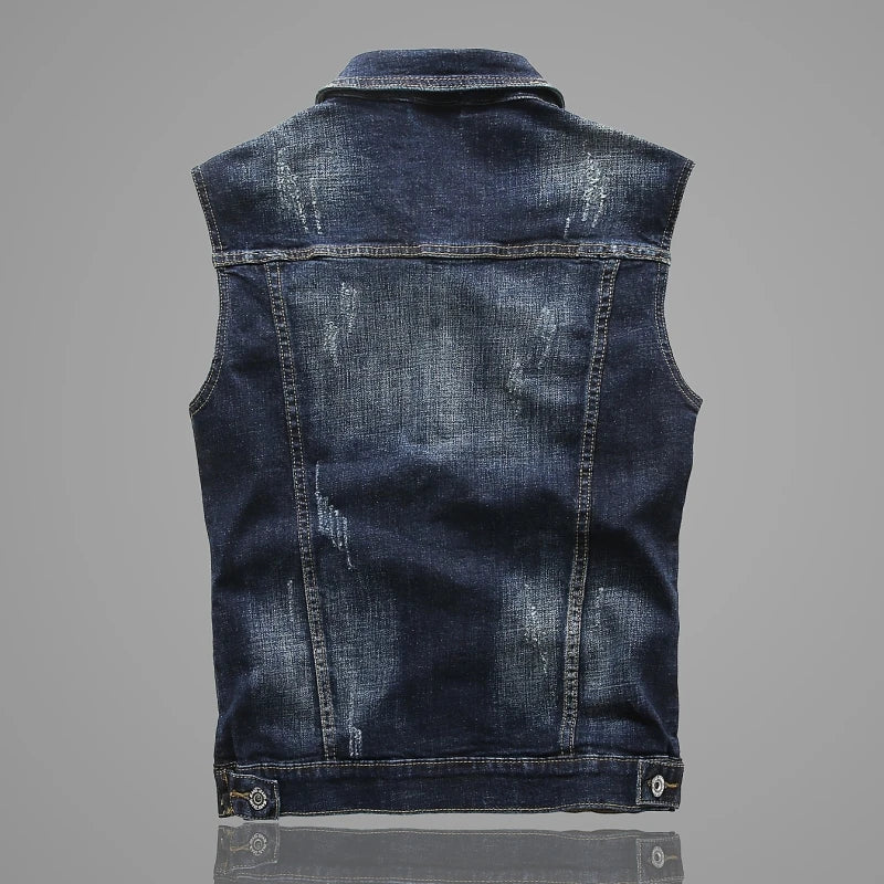 New Men's Denim Vest Fashion Sleeveless Jackets Men Causal Streetwear Jeans Vests Coats Turn Down Collar Denim Outerwear Man