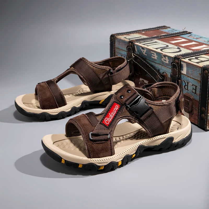 LETCOMFIT Men’s T-Strap Split Leather Sandals