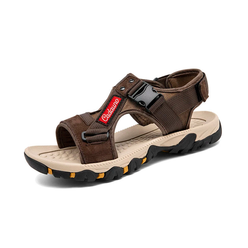 LETCOMFIT Men’s T-Strap Split Leather Sandals
