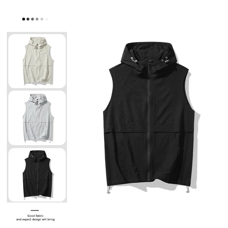 American Workwear Sleeveless Vest Jacket for Men 2025 Summer New Outdoor Fashion Hooded Sports Casual Vest