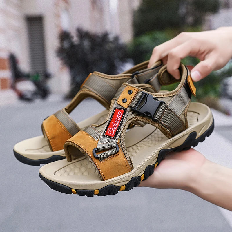 LETCOMFIT Men’s T-Strap Split Leather Sandals