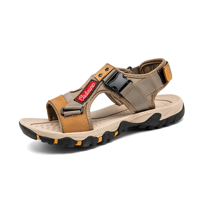 LETCOMFIT Men’s T-Strap Split Leather Sandals