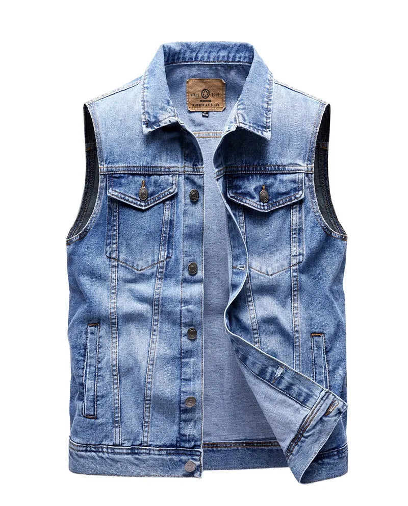 Mens Cargo Denim Vest Multi Pockets Sleeveless Jacket Fashion Washed Jeans Waistcoats Male Waistcoats Vests Sleeveless Jackets