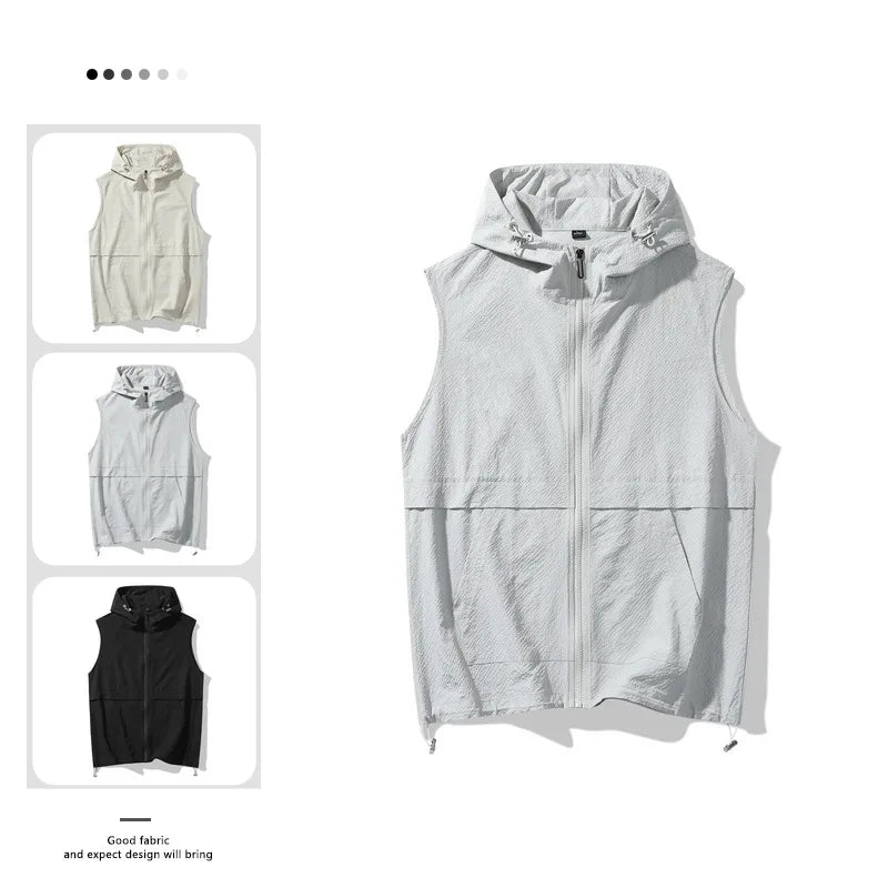 American Workwear Sleeveless Vest Jacket for Men 2025 Summer New Outdoor Fashion Hooded Sports Casual Vest