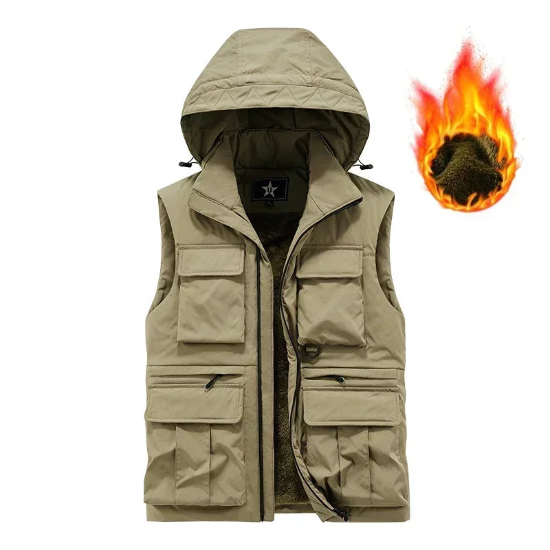 Men's Vest Coat Winter Windbreaker Fashion Sleeveless Jacket Waistcoat Thick Warm Fleece Workwear Tops Detachable hat Cargo Vest