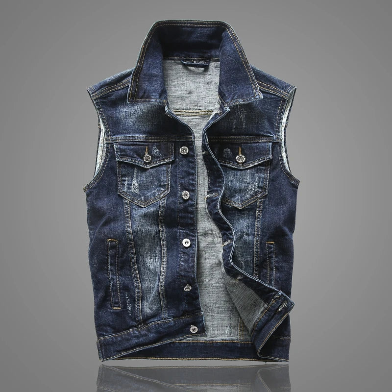 New Men's Denim Vest Fashion Sleeveless Jackets Men Causal Streetwear Jeans Vests Coats Turn Down Collar Denim Outerwear Man