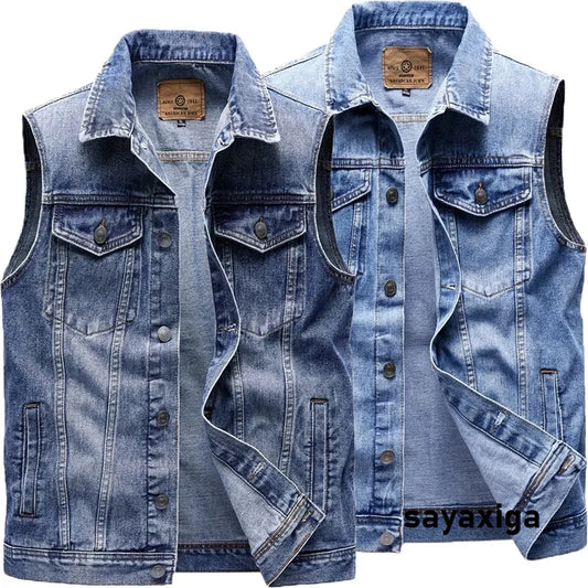 Mens Cargo Denim Vest Multi Pockets Sleeveless Jacket Fashion Washed Jeans Waistcoats Male Waistcoats Vests Sleeveless Jackets