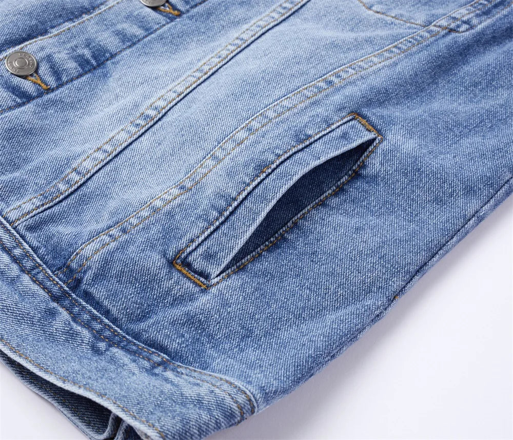 Mens Cargo Denim Vest Multi Pockets Sleeveless Jacket Fashion Washed Jeans Waistcoats Male Waistcoats Vests Sleeveless Jackets