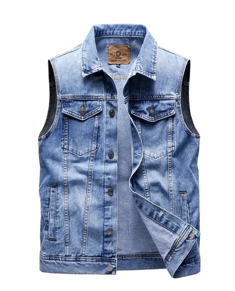 Mens Cargo Denim Vest Multi Pockets Sleeveless Jacket Fashion Washed Jeans Waistcoats Male Waistcoats Vests Sleeveless Jackets
