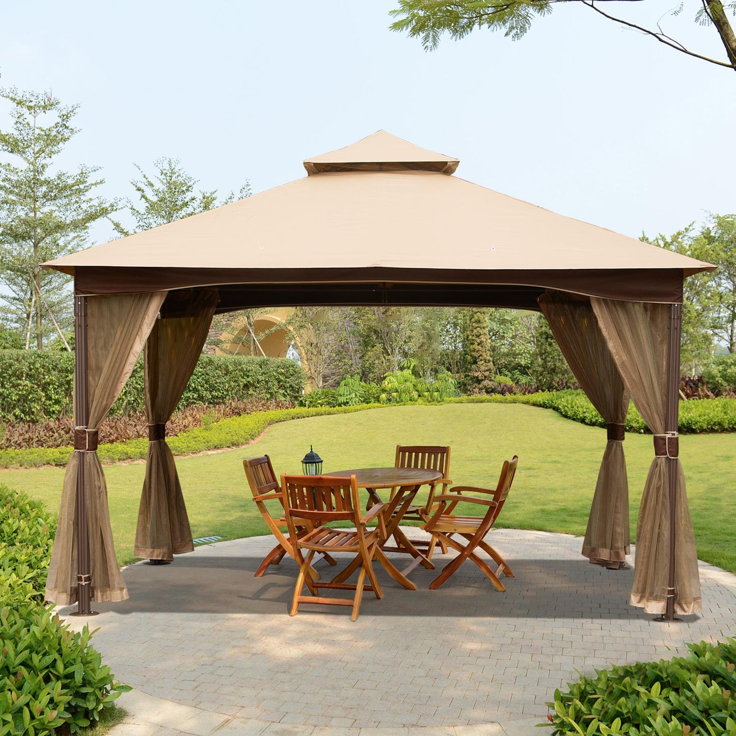 10x13ft Gazebo with Mosquito Netting,Waterproof Double-Roof Canopy
