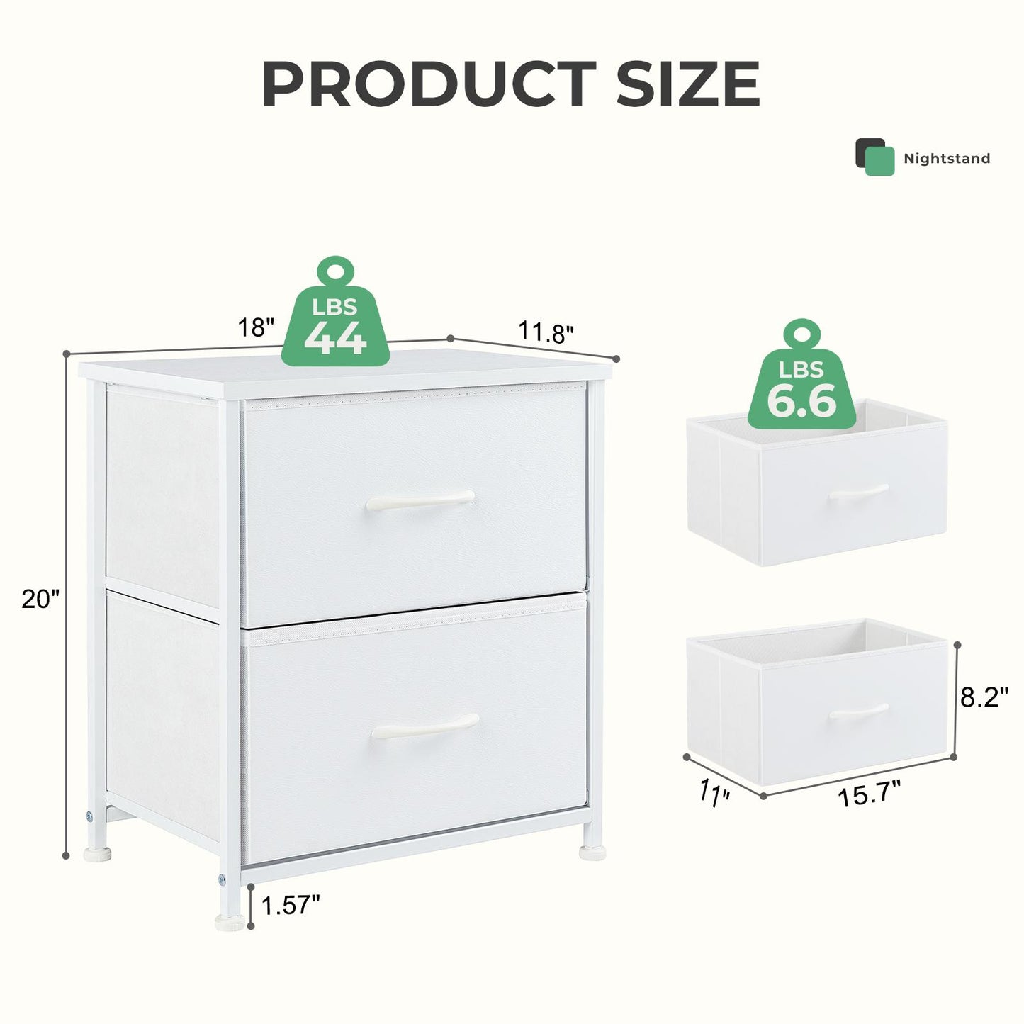 Fabric Dresser with 2 Drawers, Nightstands with Adjustable Feet