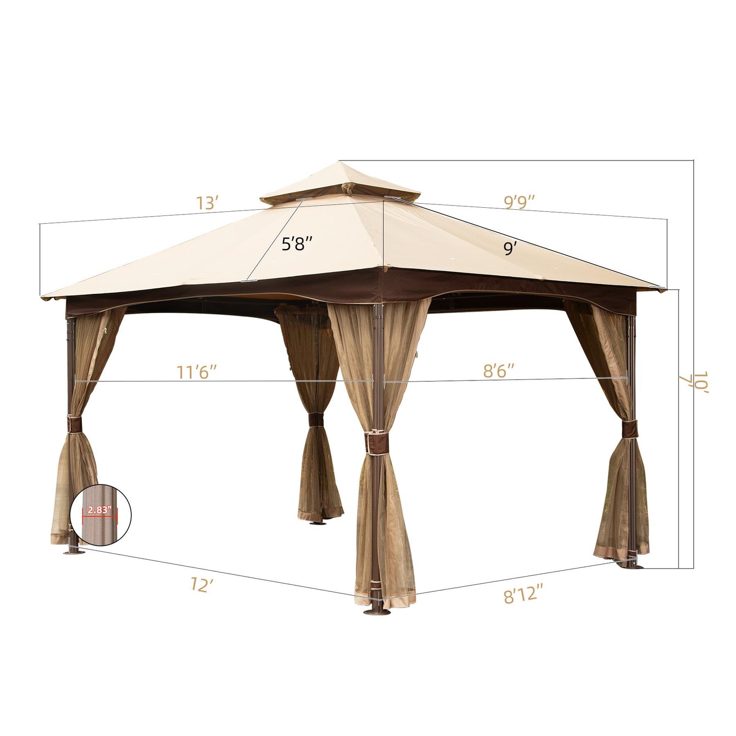 10x13ft Gazebo with Mosquito Netting,Waterproof Double-Roof Canopy