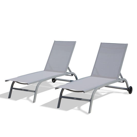 2 Gray Lounge Chairs for Outside with Wheels, Outdoor Lounge Chairs with 5 Adjustable Position,