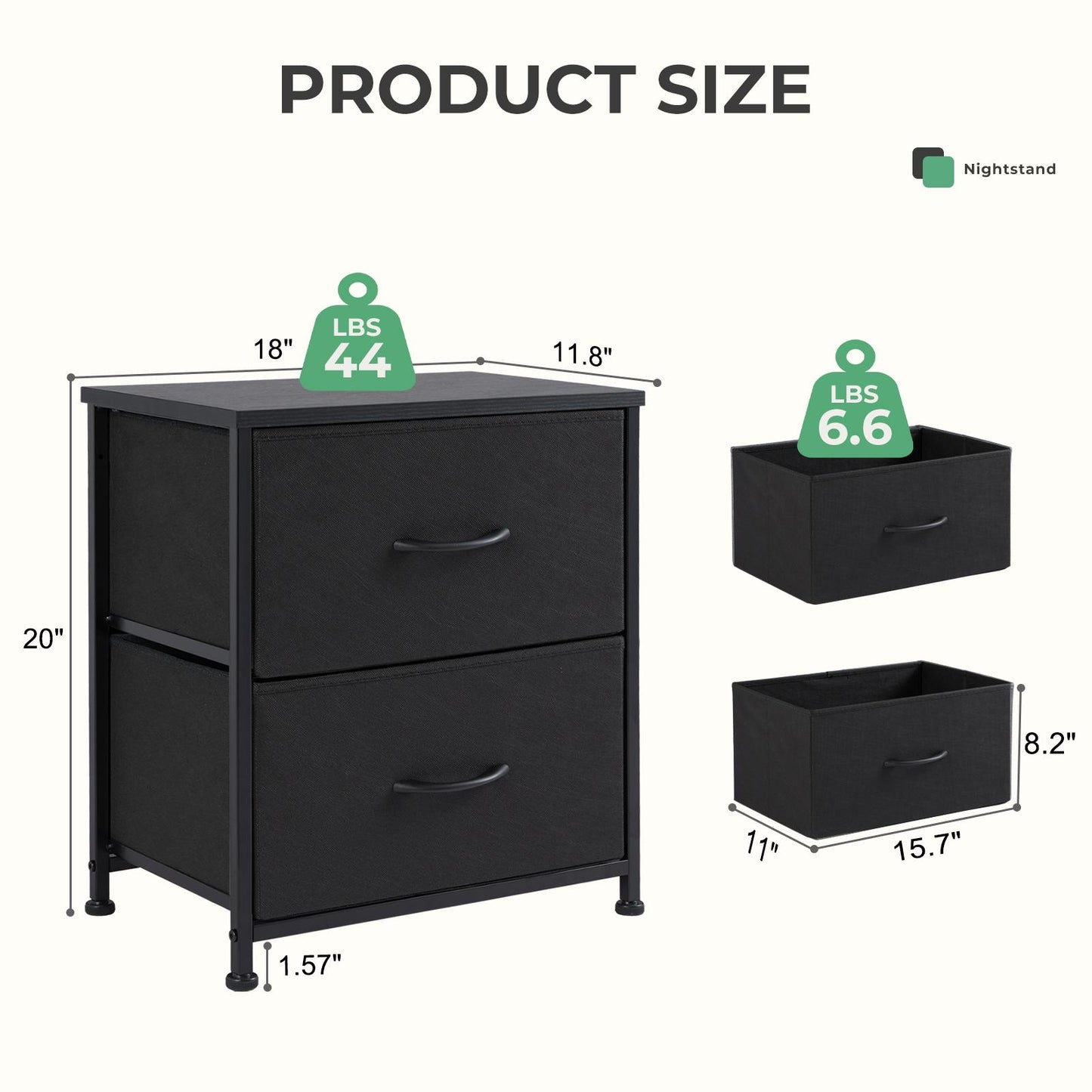 Fabric Dresser with 2 Drawers, Nightstands with Adjustable Feet
