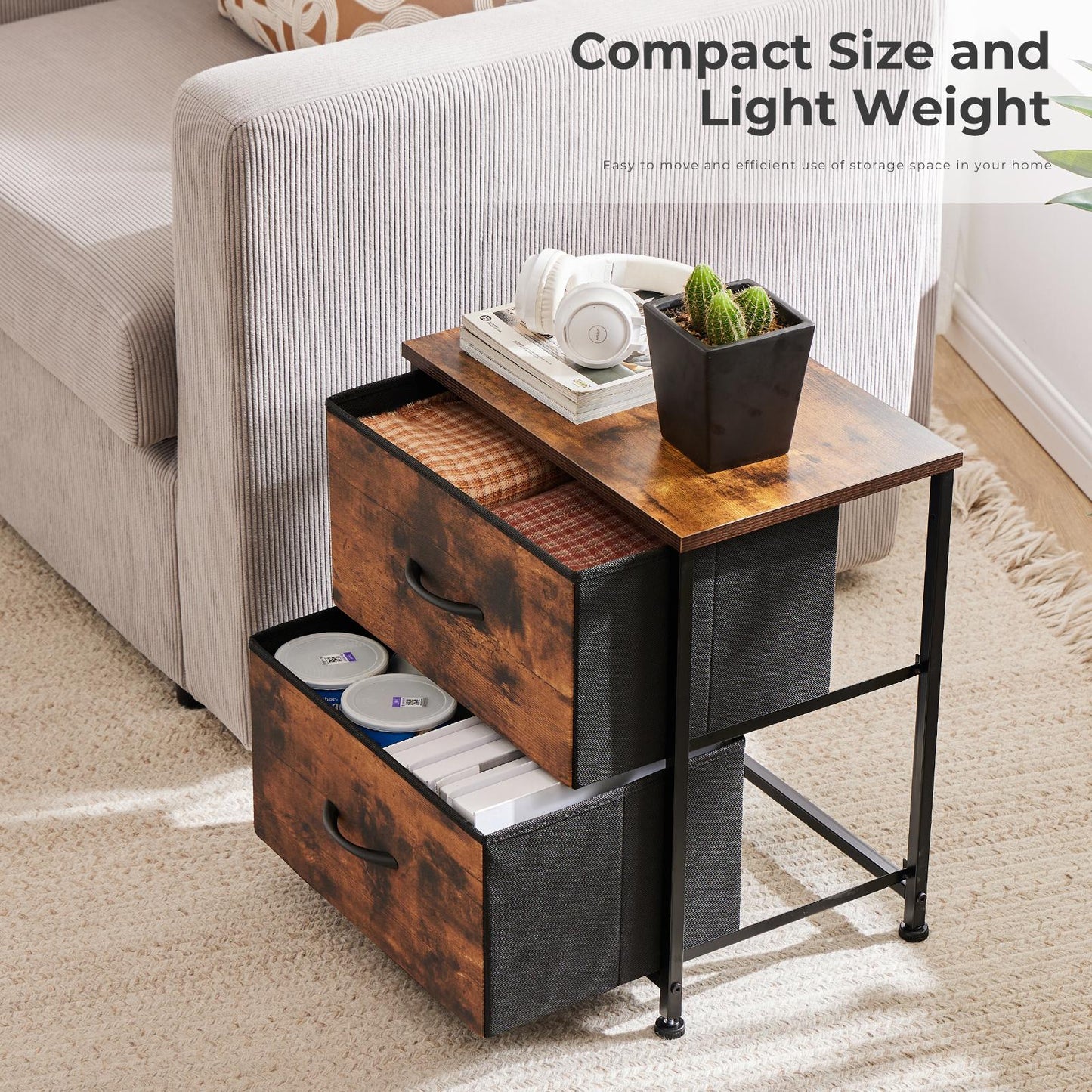 Fabric Dresser with 2 Drawers, Nightstands with Adjustable Feet