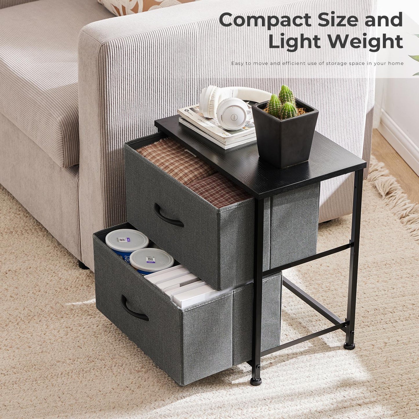 Fabric Dresser with 2 Drawers, Nightstands with Adjustable Feet