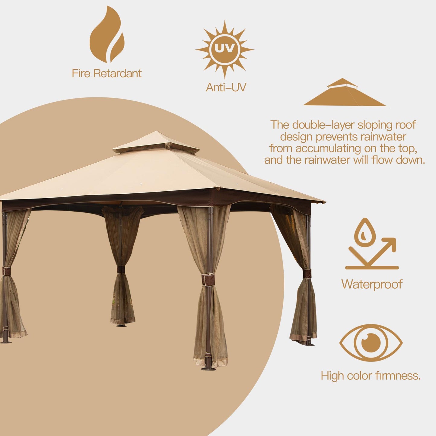 10x13ft Gazebo with Mosquito Netting,Waterproof Double-Roof Canopy