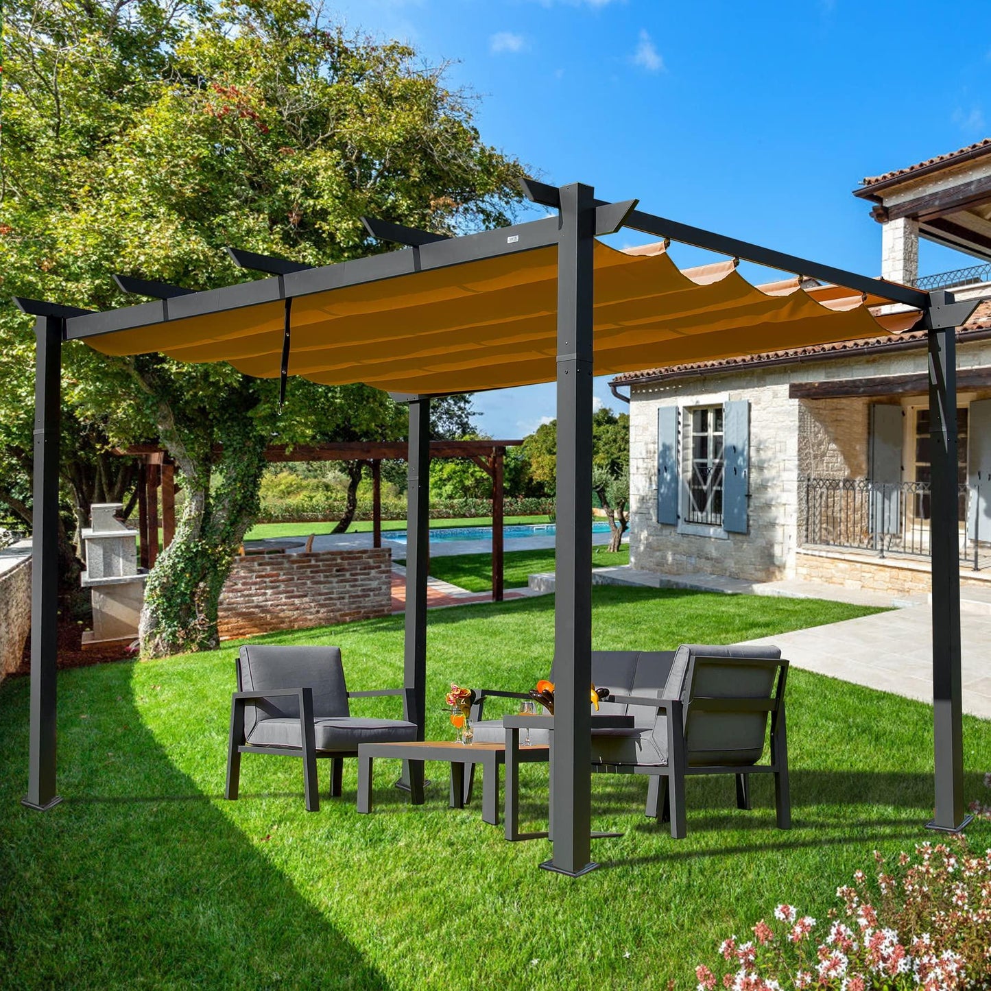 Outdoor Retractable Pergola with Weather-Resistant Canopy Aluminum