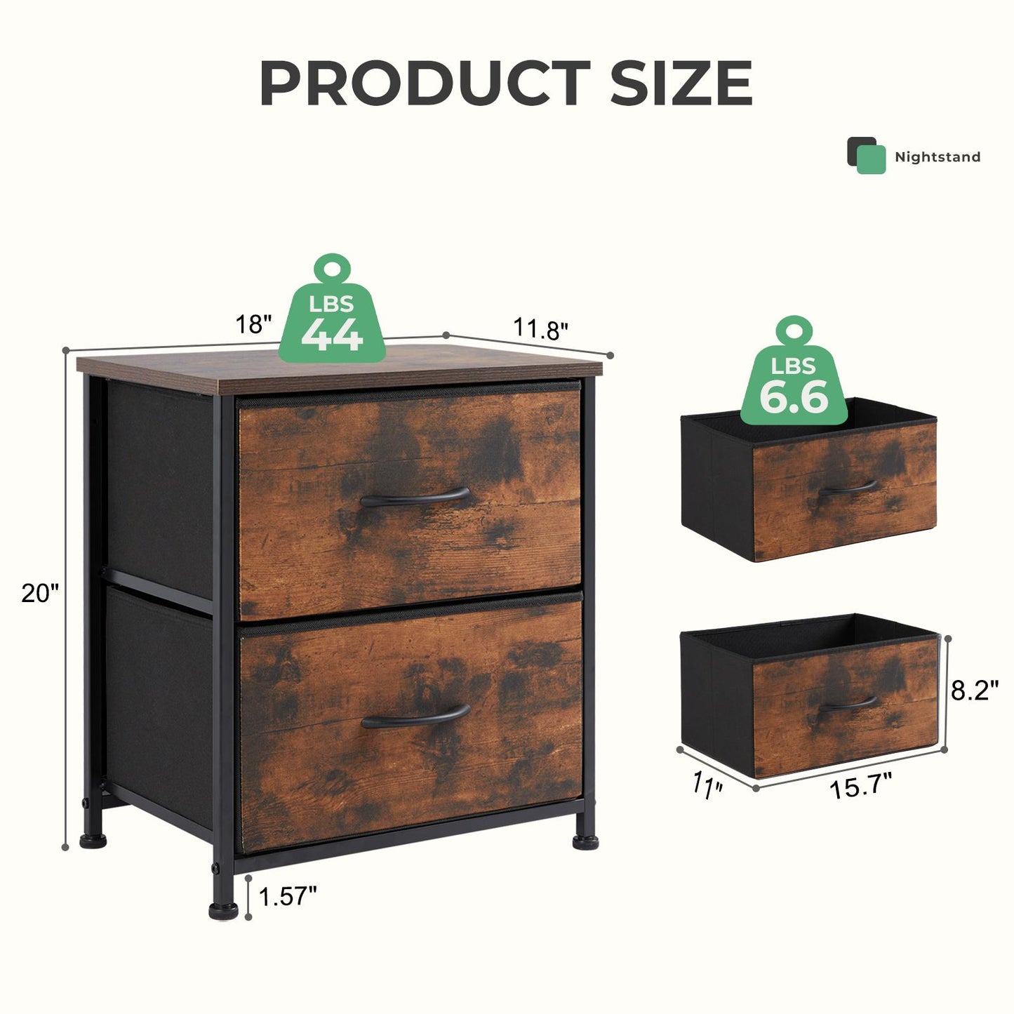 Fabric Dresser with 2 Drawers, Nightstands with Adjustable Feet